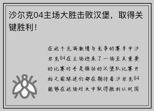 沙尔克04主场大胜击败汉堡，取得关键胜利！