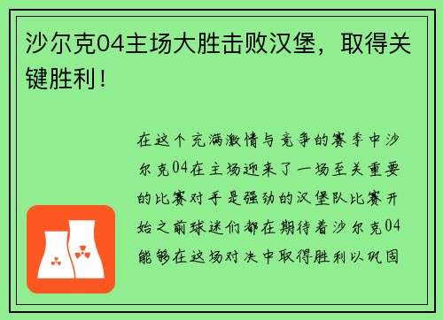 沙尔克04主场大胜击败汉堡，取得关键胜利！